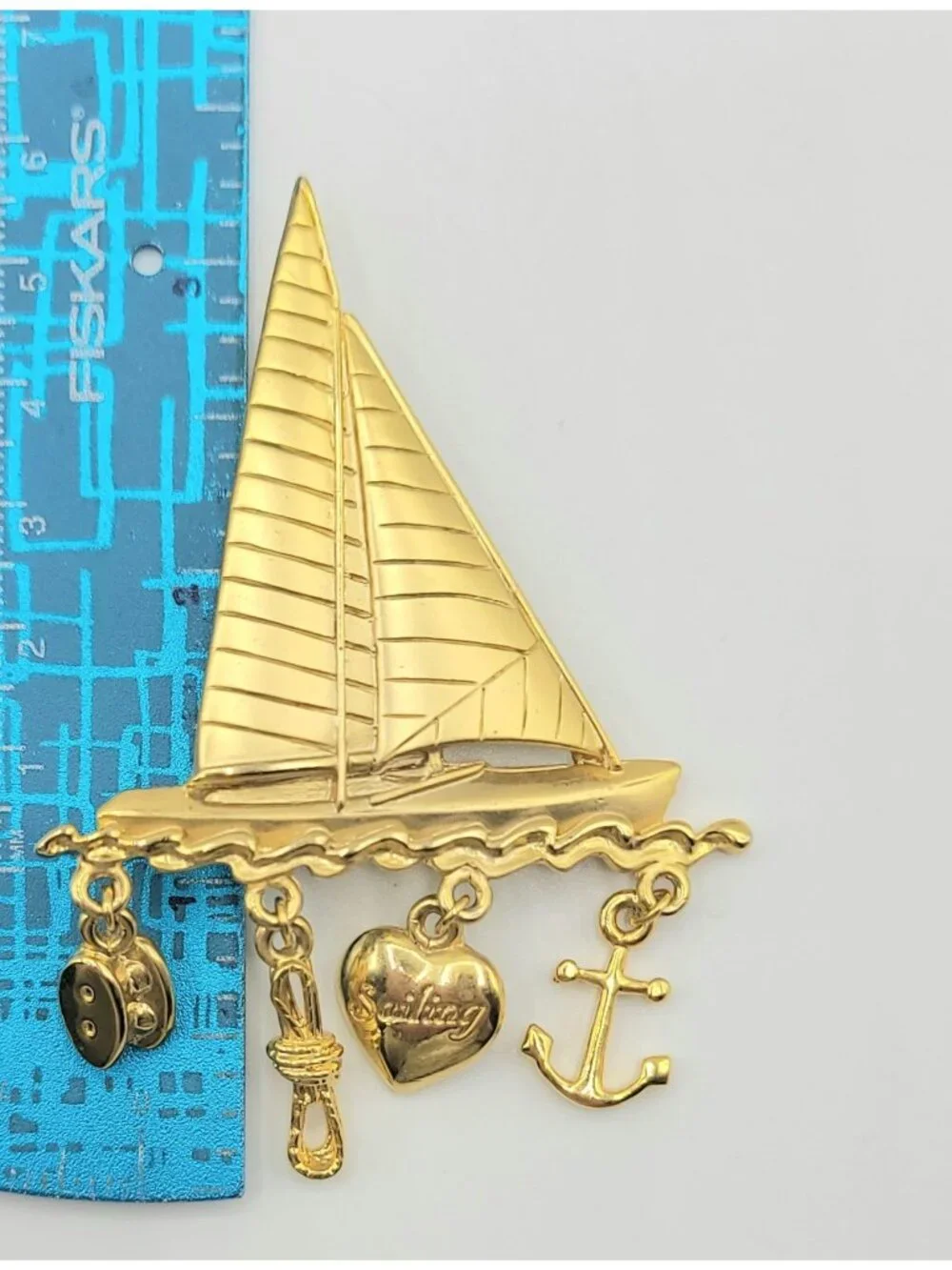 JJ Jonette Jewelry Sailboat Anchor Heart Charm Brooch. Signed